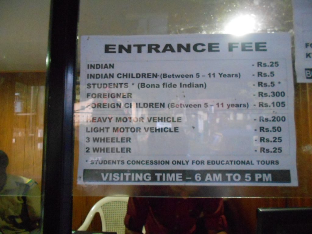 Entrance fee chart to Periyar Tiger Reserve