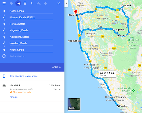 Google Route Map from Kochi