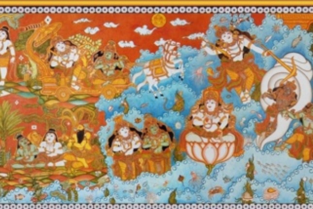 Vibrant Kerala mural painting on canvas, a favorite art souvenir among Kerala tour packages visitors.