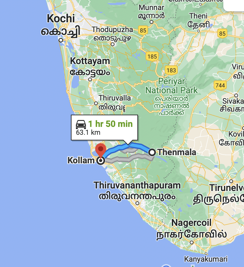 Map showing Thenmala location in Kerala near Kollam, surrounded by Western Ghats and eco-tourism zones