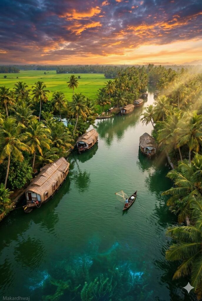 Alleppey backwaters scenic view for Kerala backwater tour in summer